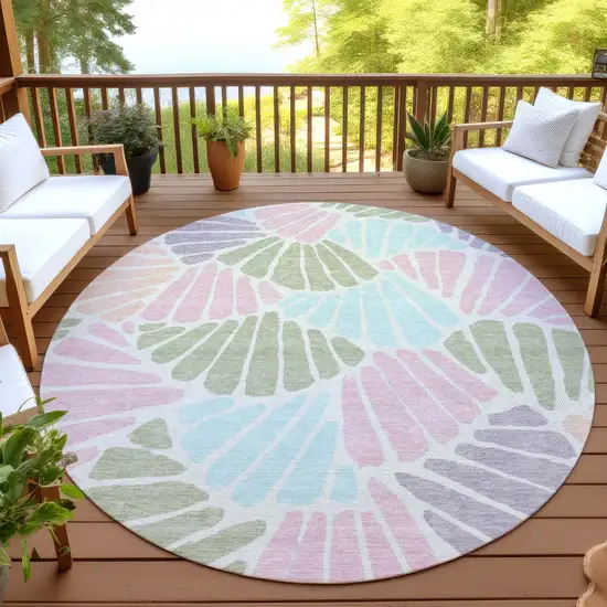 8' Sage Pink And Aqua Round Floral Washable Indoor Outdoor Area Rug Photo 4