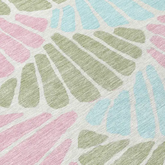 8' Sage Pink And Aqua Round Floral Washable Indoor Outdoor Area Rug Photo 9