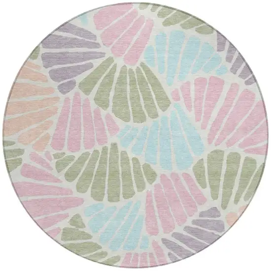 8' Sage Pink And Aqua Round Floral Washable Indoor Outdoor Area Rug Photo 3