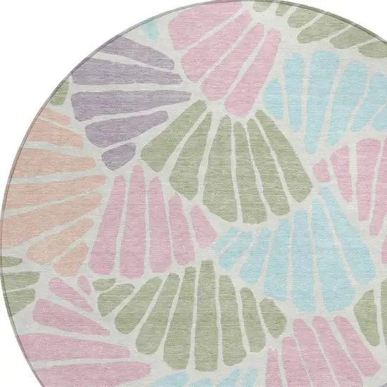 8' Sage Pink And Aqua Round Floral Washable Indoor Outdoor Area Rug Photo 2