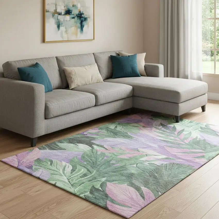 8' Sage Purple And Blush Floral Washable Area Rug With UV Protection Photo 2