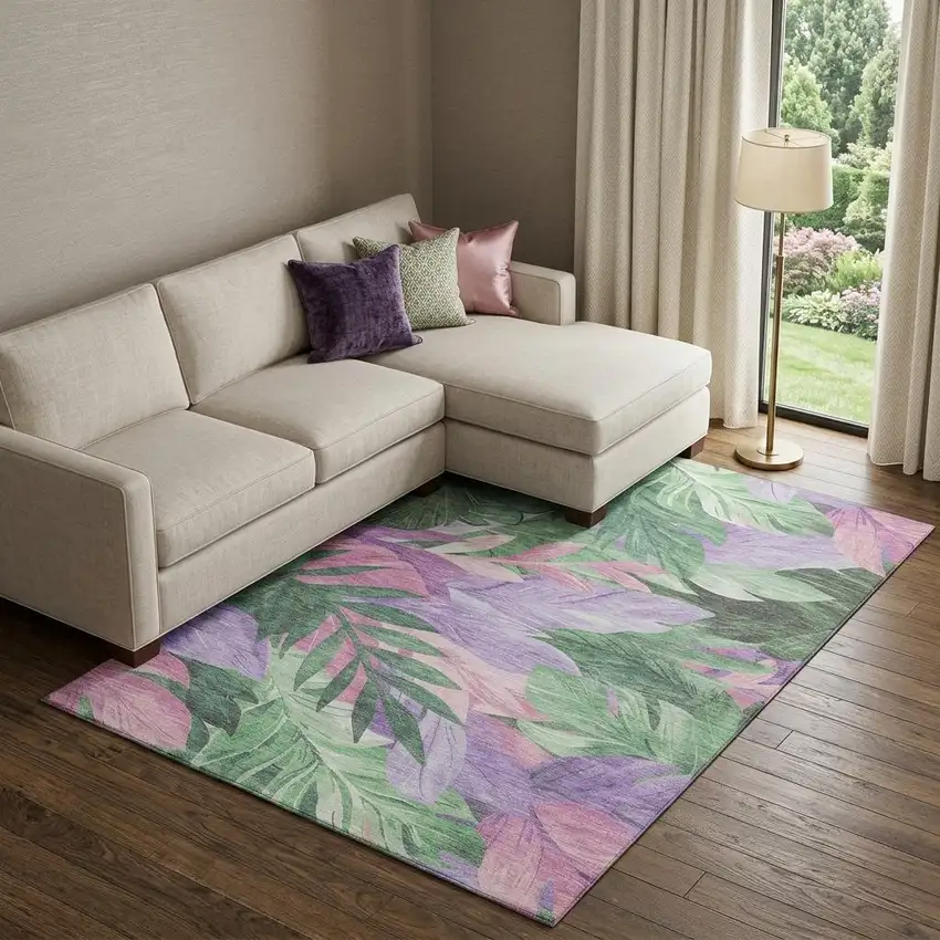 8' Sage Purple And Blush Floral Washable Area Rug With UV Protection Photo 1