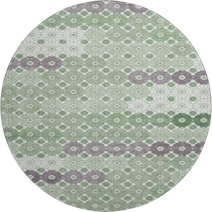 8' Sage Purple And Ivory Geometric Washable Round Rug With UV Protection Photo 1
