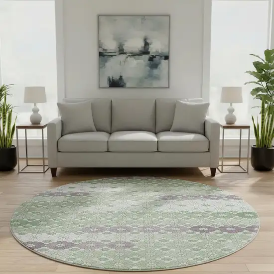 8' Sage Purple And Ivory Geometric Washable Round Rug With UV Protection Photo 2