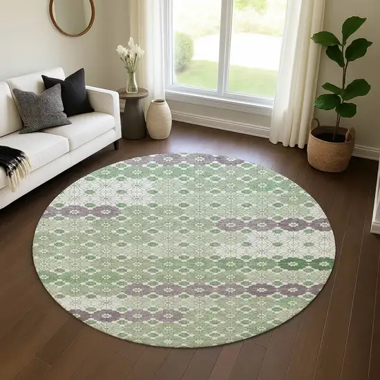 8' Sage Purple And Ivory Geometric Washable Round Rug With UV Protection Photo 4