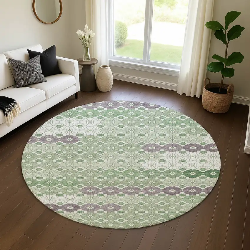 8' Sage Purple And Ivory Geometric Washable Round Rug With UV Protection Photo 4