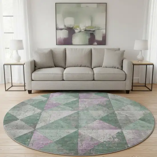 8' Sage Purple And Ivory Geometric Washable Round Rug With UV Protection Photo 1