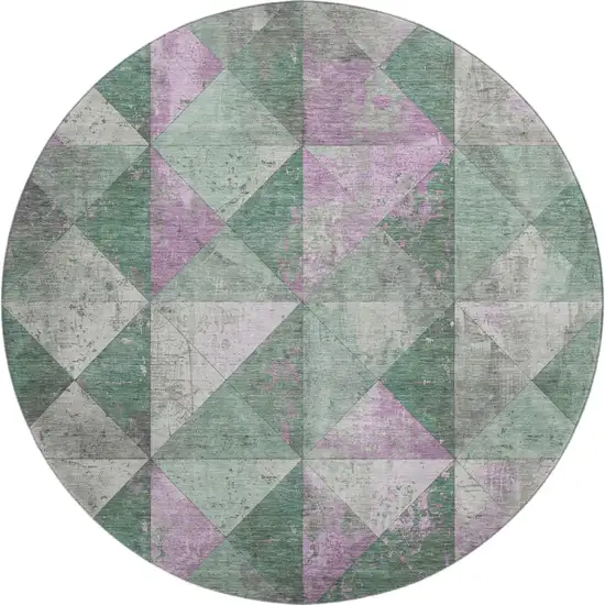 8' Sage Purple And Ivory Geometric Washable Round Rug With UV Protection Photo 1