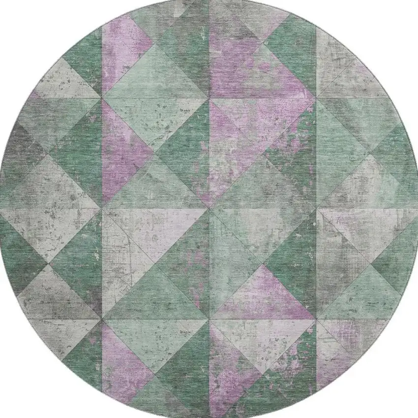 8' Sage Purple And Ivory Geometric Washable Round Rug With UV Protection Photo 2