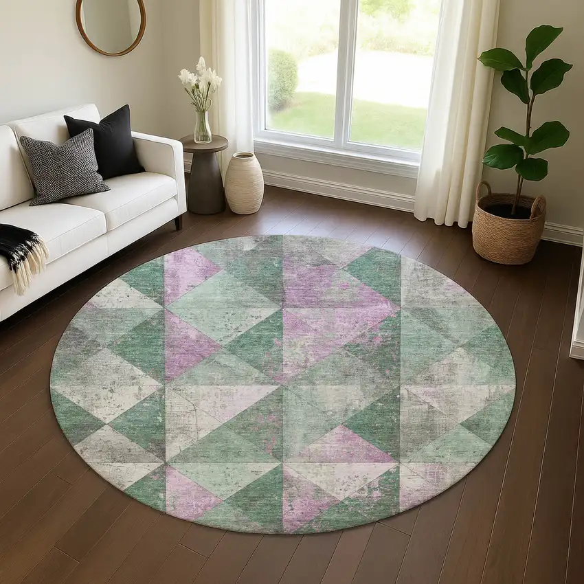 8' Sage Purple And Ivory Geometric Washable Round Rug With UV Protection Photo 4