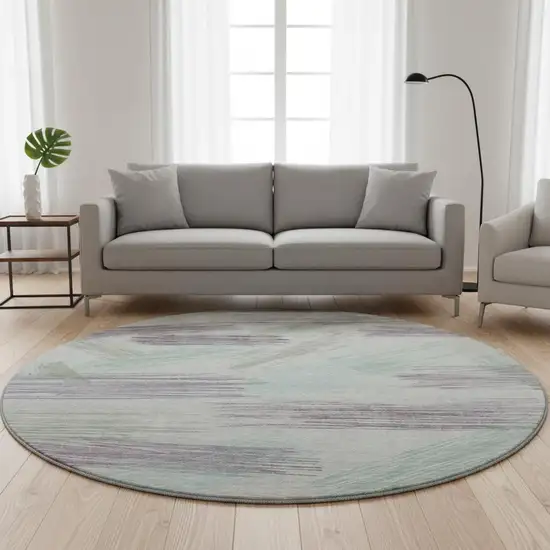 8' Sage Purple And Ivory Striped Washable Round Rug With UV Protection Photo 2