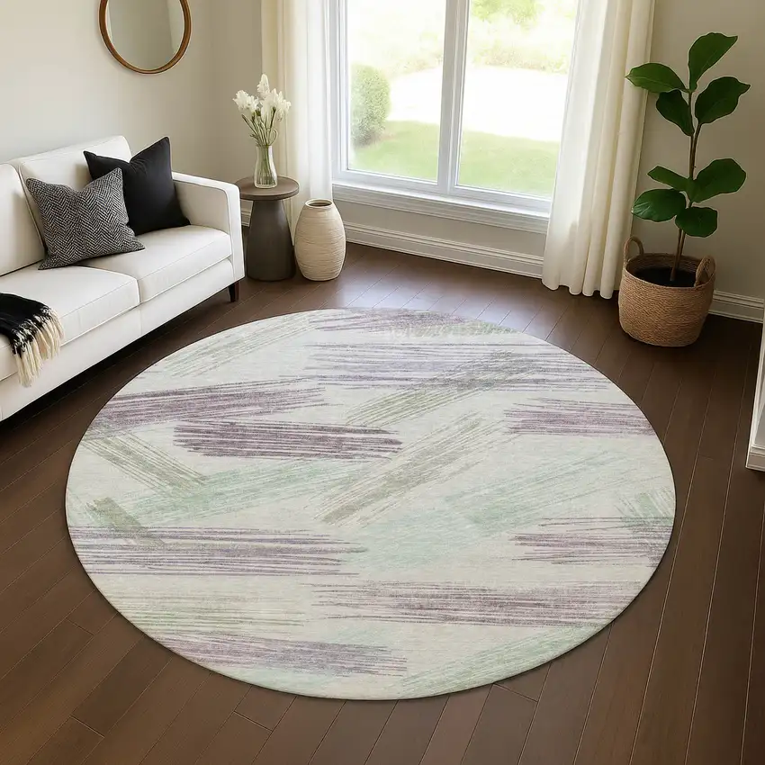 8' Sage Purple And Ivory Striped Washable Round Rug With UV Protection Photo 4
