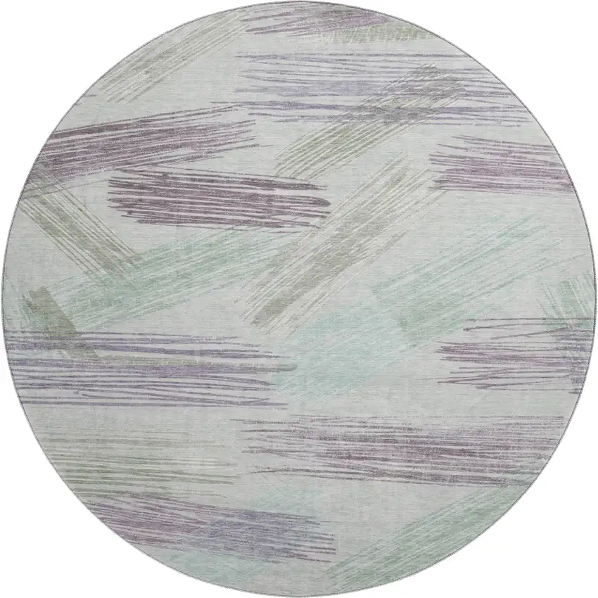 8' Sage Purple And Ivory Striped Washable Round Rug With UV Protection Photo 1