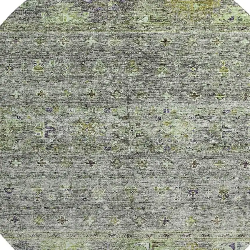 8' Sage Silver And Purple Tribal Washable Round Rug With UV Protection Photo 2