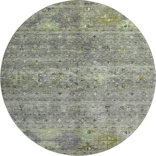 8' Sage Silver And Purple Tribal Washable Round Rug With UV Protection Photo 1