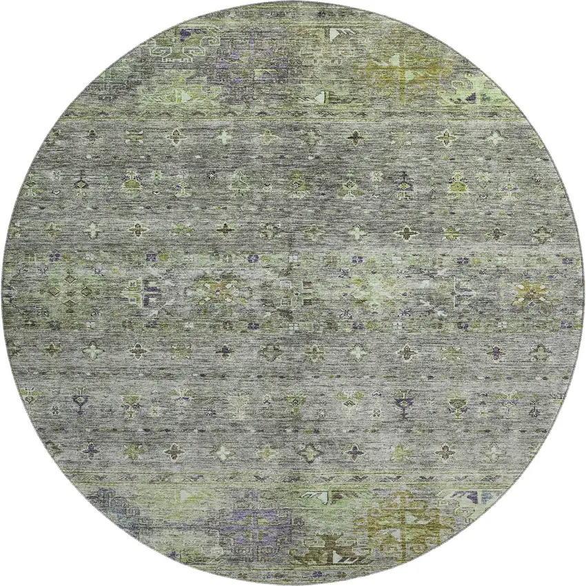 8' Sage Silver And Purple Tribal Washable Round Rug With UV Protection Photo 1