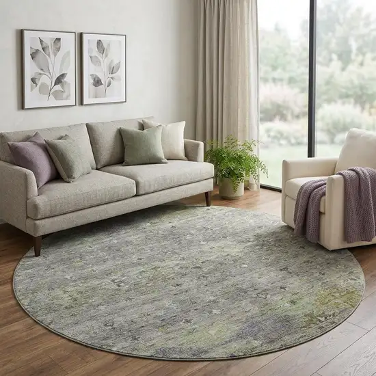 8' Sage Silver And Purple Tribal Washable Round Rug With UV Protection Photo 1