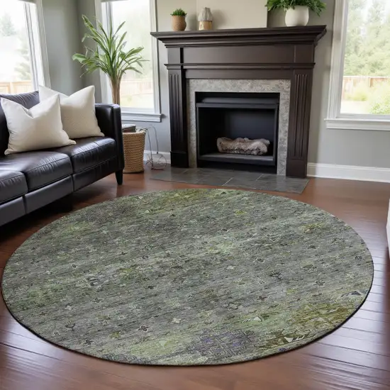 8' Sage Silver And Purple Tribal Washable Round Rug With UV Protection Photo 4