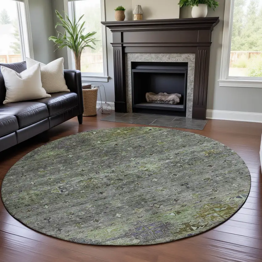 8' Sage Silver And Purple Tribal Washable Round Rug With UV Protection Photo 4