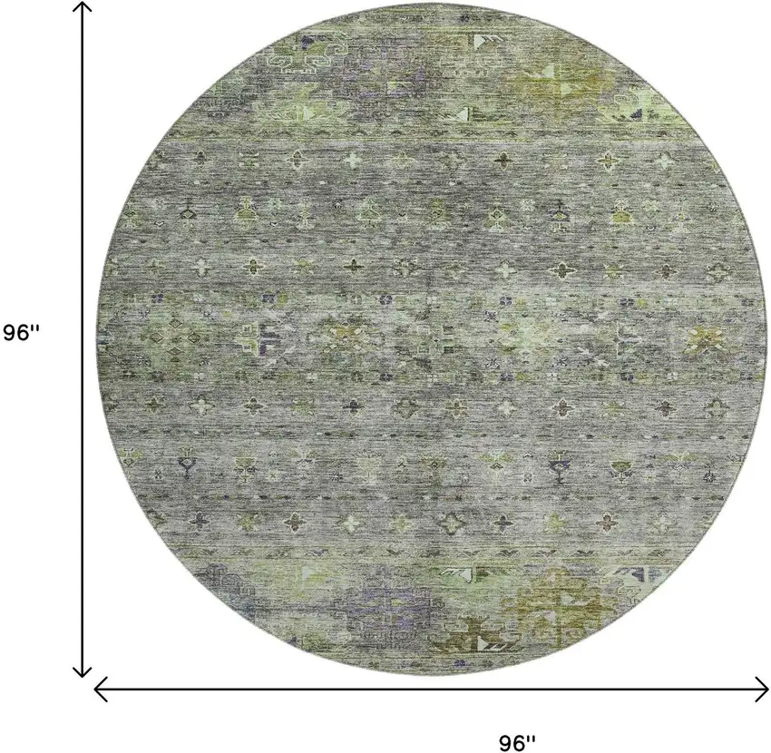 8' Sage Silver And Purple Tribal Washable Round Rug With UV Protection Photo 9