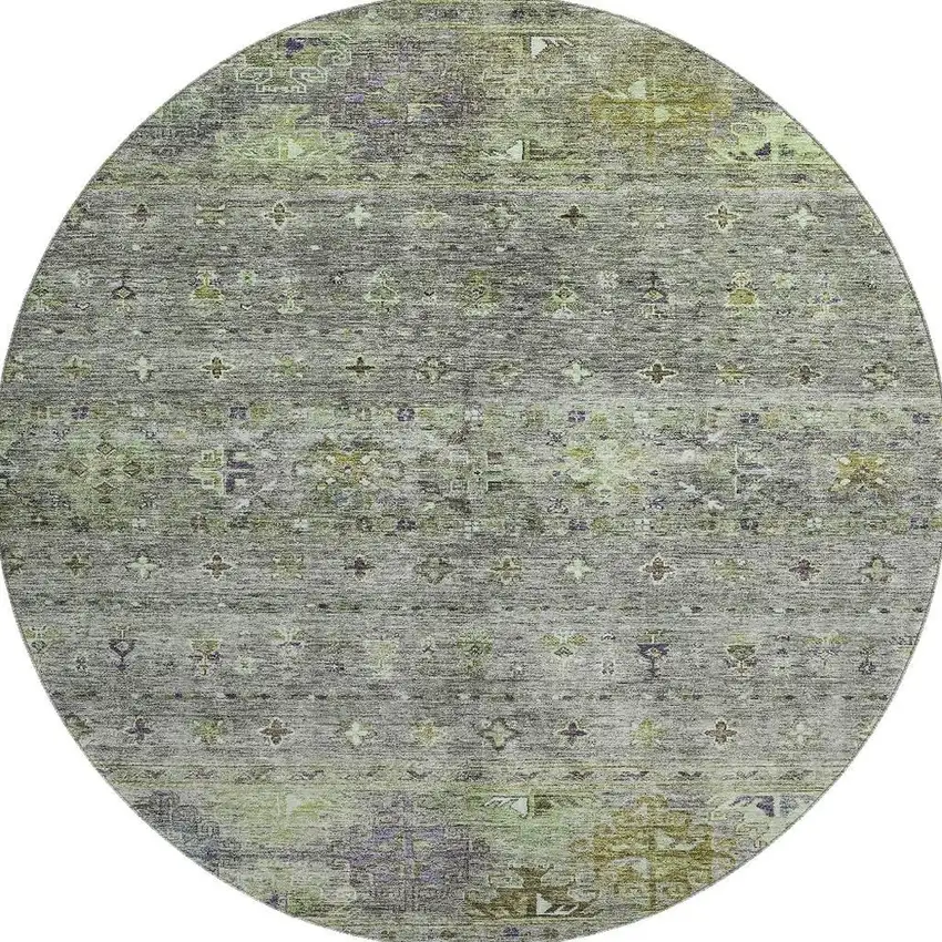 8' Sage Silver And Purple Tribal Washable Round Rug With UV Protection Photo 3