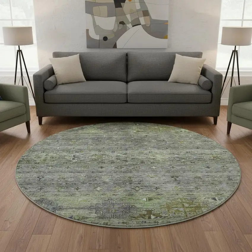 8' Sage Silver And Purple Tribal Washable Round Rug With UV Protection Photo 2