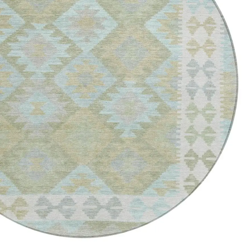 8' Sage Sky Blue And Copper Round Tribal Washable Indoor Outdoor Area Rug Photo 4