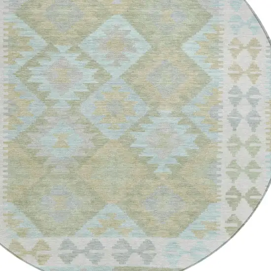 8' Sage Sky Blue And Copper Round Tribal Washable Indoor Outdoor Area Rug Photo 8