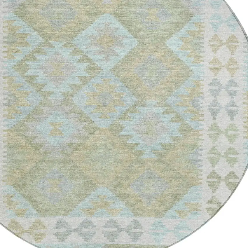 8' Sage Sky Blue And Copper Round Tribal Washable Indoor Outdoor Area Rug Photo 8