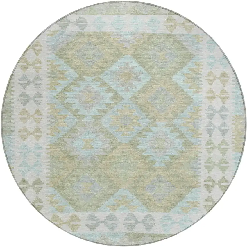 8' Sage Sky Blue And Copper Round Tribal Washable Indoor Outdoor Area Rug Photo 1