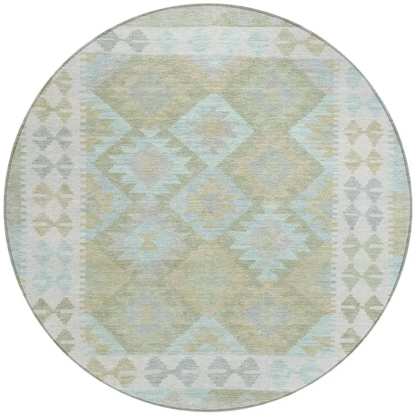 8' Sage Sky Blue And Copper Round Tribal Washable Indoor Outdoor Area Rug Photo 3
