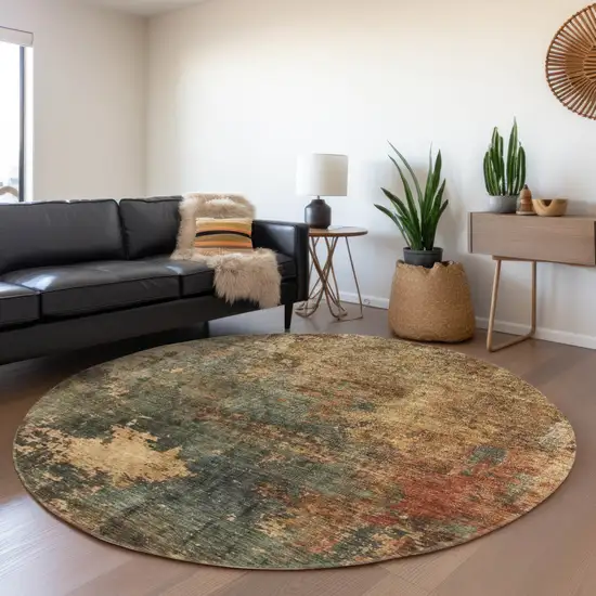 8' Sage Tan And Copper Round Abstract Washable Indoor Outdoor Area Rug Photo 7