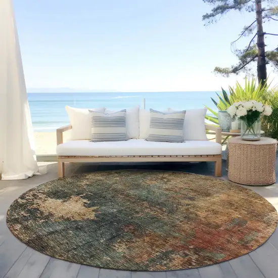 8' Sage Tan And Copper Round Abstract Washable Indoor Outdoor Area Rug Photo 6