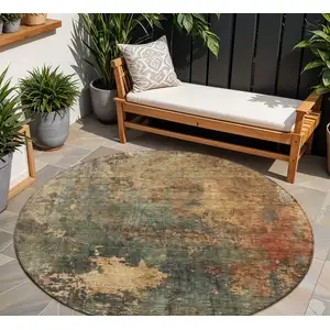 Photo of 8' Sage Tan And Copper Round Abstract Washable Indoor Outdoor Area Rug