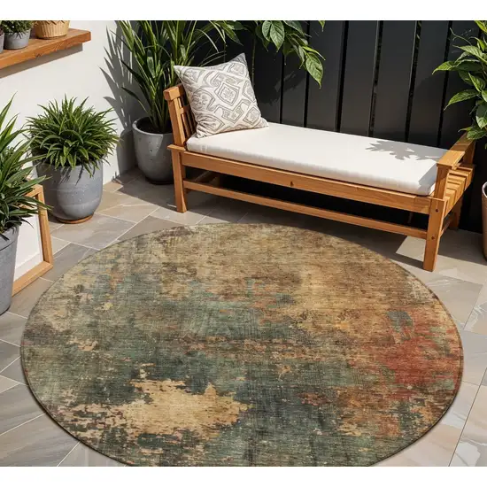 8' Sage Tan And Copper Round Abstract Washable Indoor Outdoor Area Rug Photo 1
