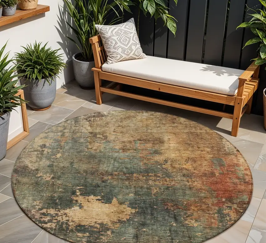 8' Sage Tan And Copper Round Abstract Washable Indoor Outdoor Area Rug Photo 1