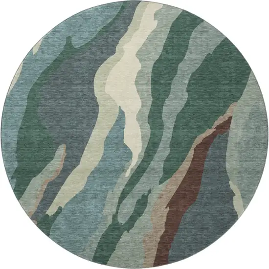 8' Sage Taupe And Beige Abstract Washable Round Rug With UV Protection Photo 2
