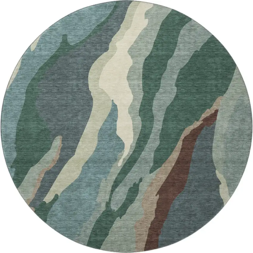 8' Sage Taupe And Beige Abstract Washable Round Rug With UV Protection Photo 2