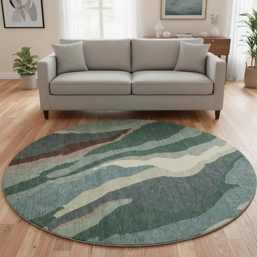 8' Sage Taupe And Beige Abstract Washable Round Rug With UV Protection Photo 2