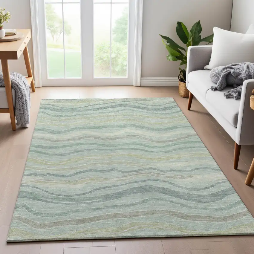 8' Sage Taupe And Ivory Striped Washable Area Rug With UV Protection Photo 5