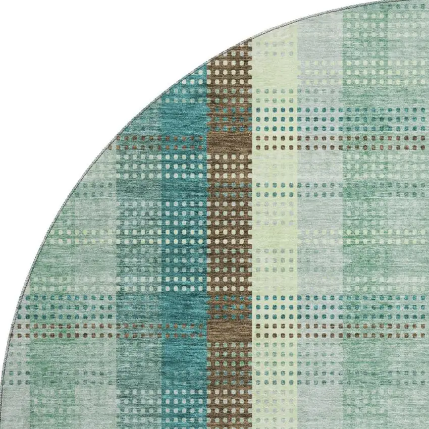 8' Sage Teal And Ivory Plaid Washable Round Rug With UV Protection Photo 3