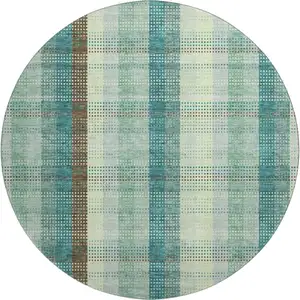 Photo of 8' Sage Teal And Ivory Plaid Washable Round Rug With UV Protection