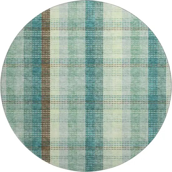 8' Sage Teal And Ivory Plaid Washable Round Rug With UV Protection Photo 1