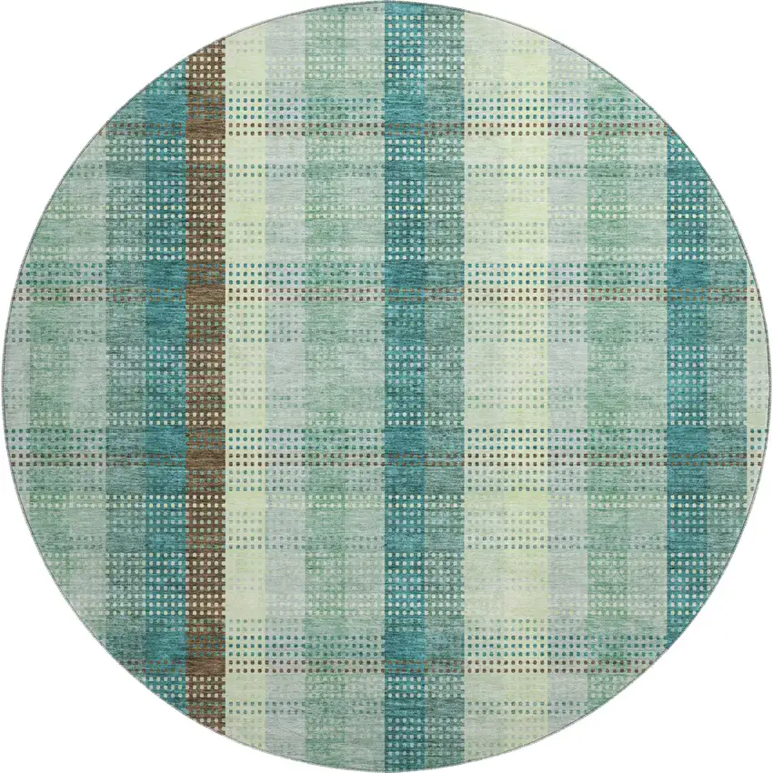 8' Sage Teal And Ivory Plaid Washable Round Rug With UV Protection Photo 1