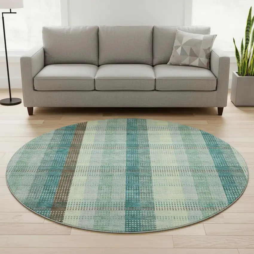 8' Sage Teal And Ivory Plaid Washable Round Rug With UV Protection Photo 2