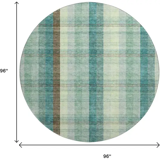 8' Sage Teal And Ivory Plaid Washable Round Rug With UV Protection Photo 9