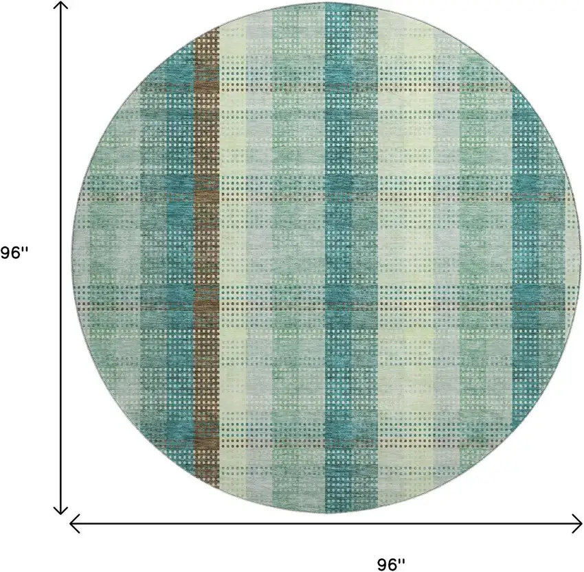 8' Sage Teal And Ivory Plaid Washable Round Rug With UV Protection Photo 9