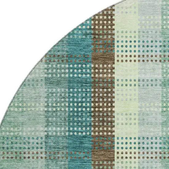 8' Sage Teal And Ivory Plaid Washable Round Rug With UV Protection Photo 2