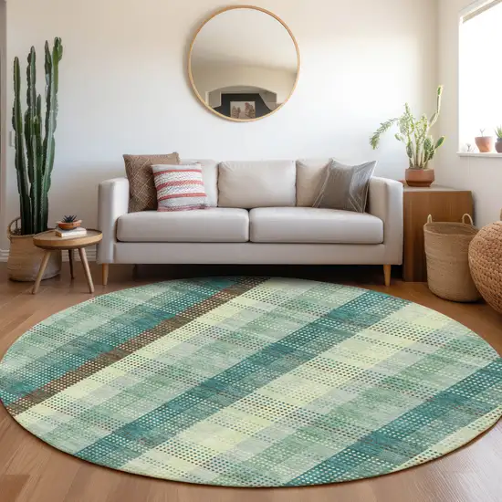 8' Sage Teal And Ivory Plaid Washable Round Rug With UV Protection Photo 4