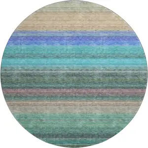 Photo of 8' Sage Teal And Lavender Striped Washable Round Rug With UV Protection